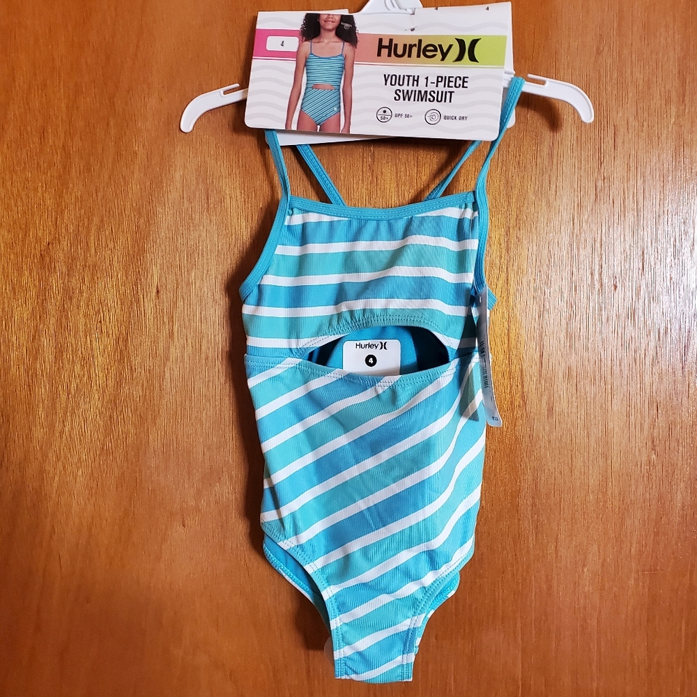 Hurley Girl's Blue and White One Piece Swimsuit size 4